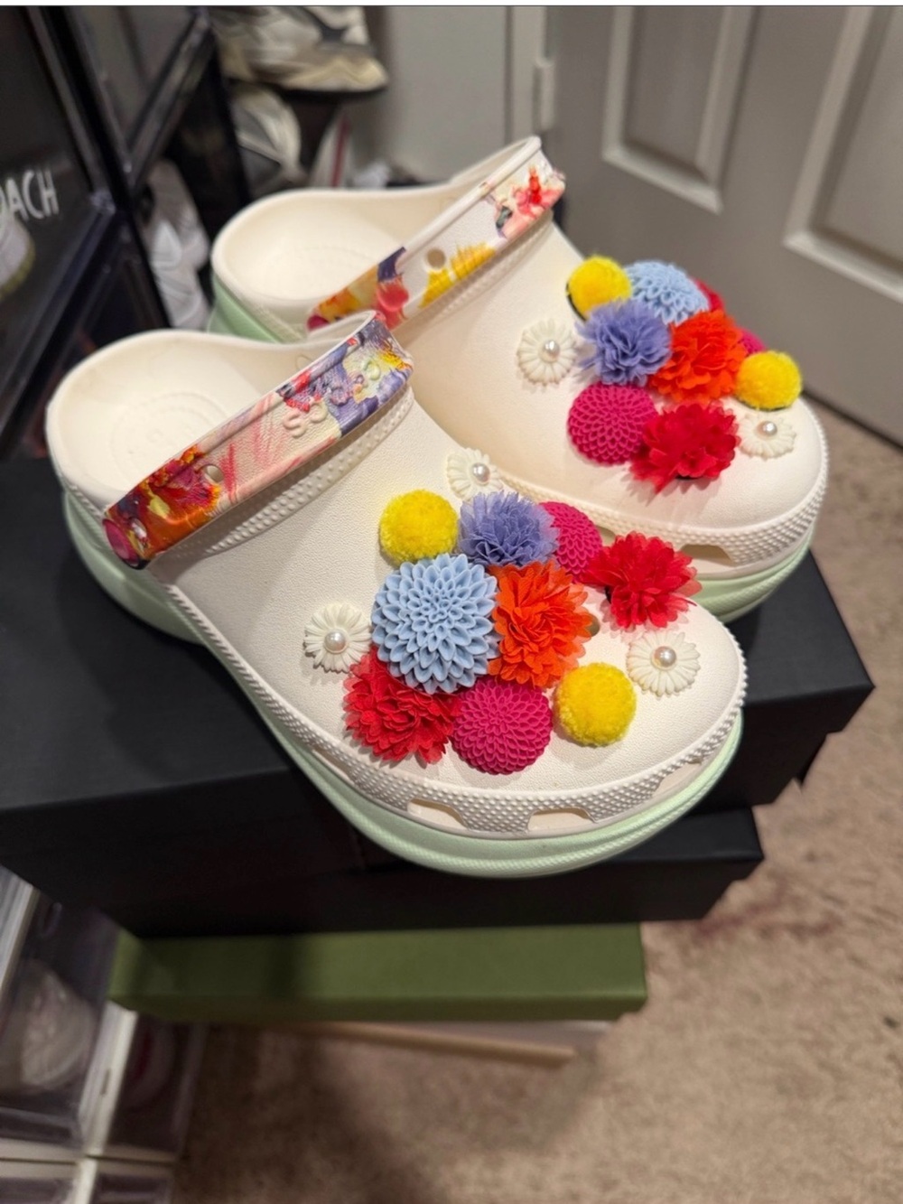 CROCS White Floral Pom Pom Platform Clogs with Multicolor Strap